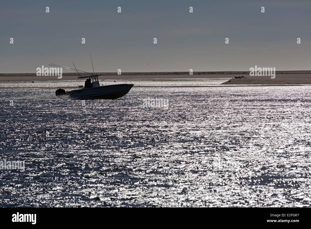 United States, Massachusetts, Cape Cod, Chatham, South Beach, speedboat Stock Photo