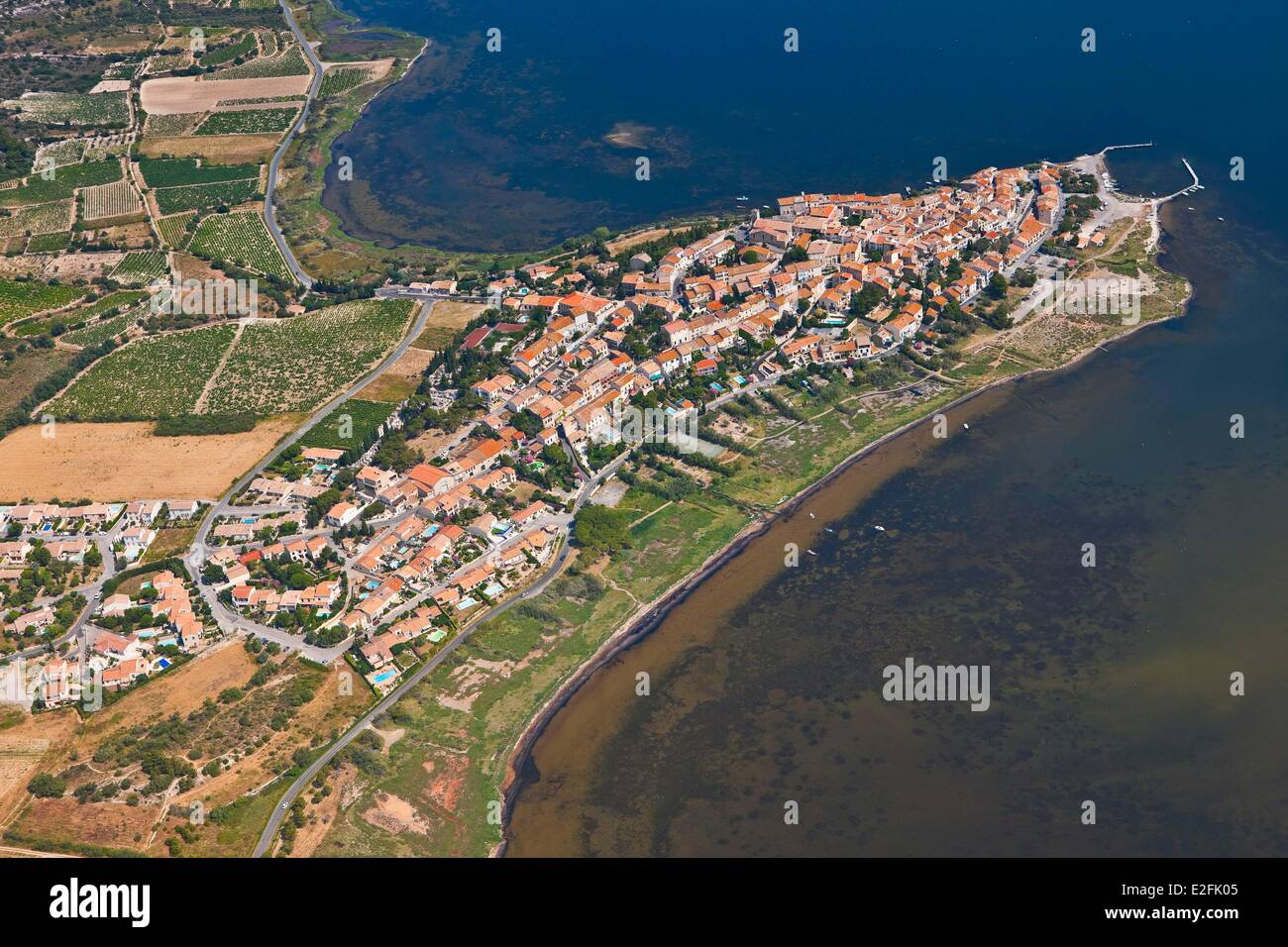 France, Aude, Corbieres, Bages, Bages pond (aerial view) Stock Photo