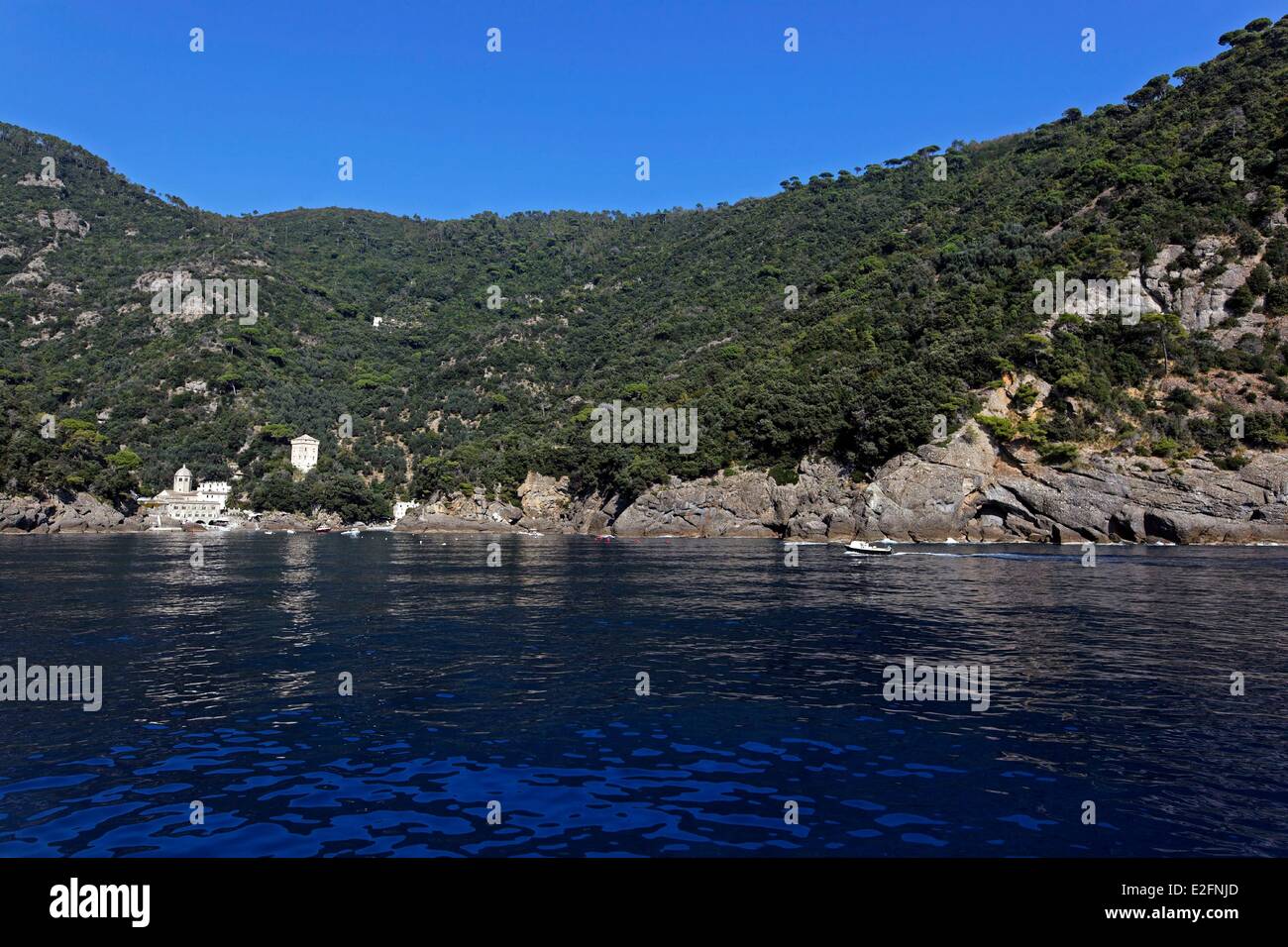 Italy Liguria Natural Park of Portofino Camogli Fruttuoso bay San Fruttuoso de Capodimonte Abbey Stock Photo