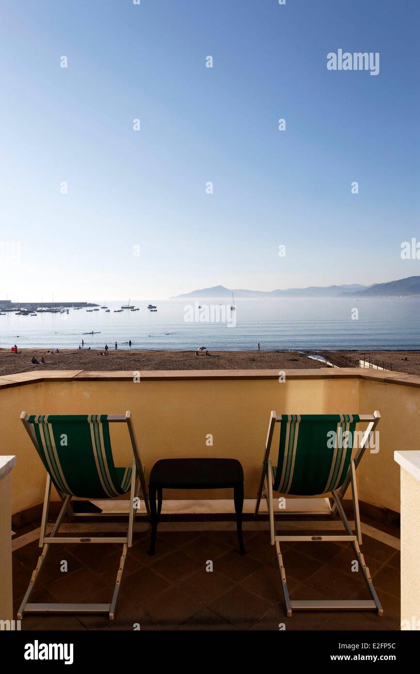 Italy Liguria Sestri Levante hotel Nettuno balcony overlooking the sea Stock Photo