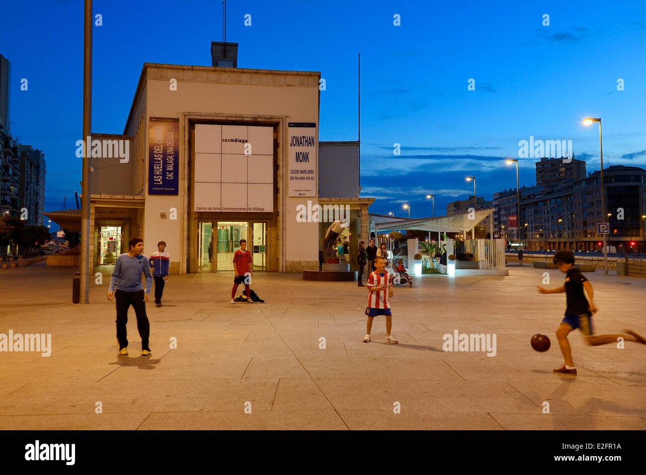 Spain Andalusia Costa del Sol Malaga Soho district Contemporary Art Centre (CAC Malaga) children playing football Stock Photo