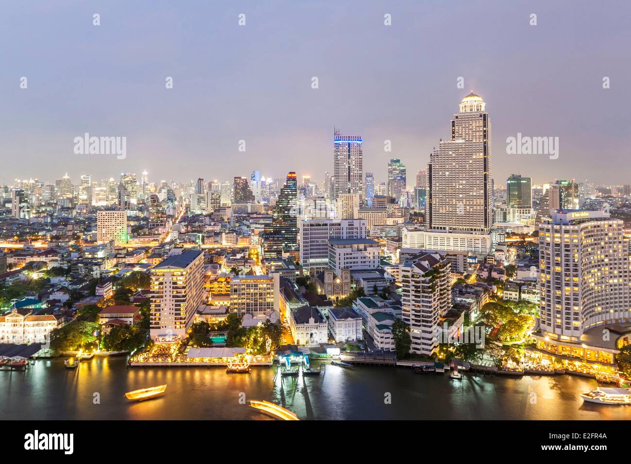 Thailand Bangkok banks of the Chao Phraya river view from the Peninsula Hotel in Bang Rak district with the Mandarin Oriental Stock Photo