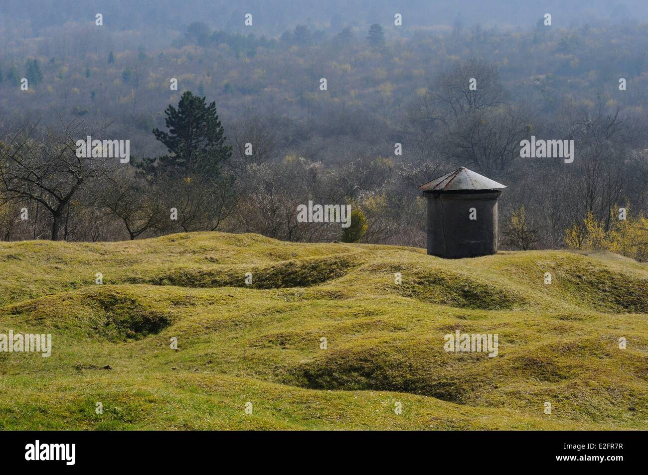 France Meuse Verdun area shell hole on the 320 shelter along the Douaumont Ossuary Stock Photo