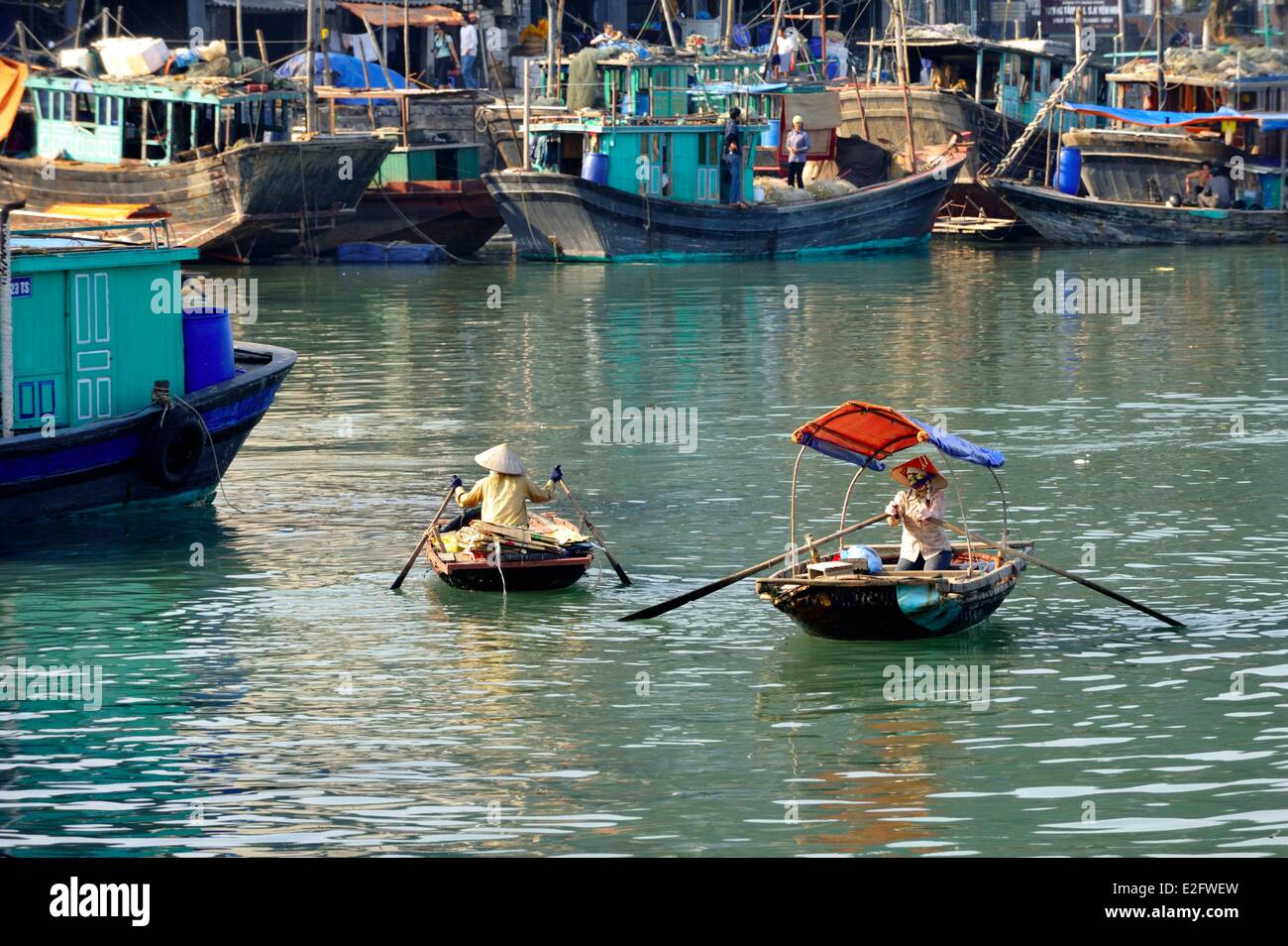 Vietnam Quang Ninh Province Halong Bay listed as World Heritage by UNESCO fishing boats in the port of Cai Rong Stock Photo