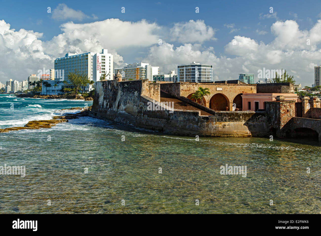 San Geronimo de Boqueron Castle and El Condado skyline, San Juan, Puerto Rico Stock Photo