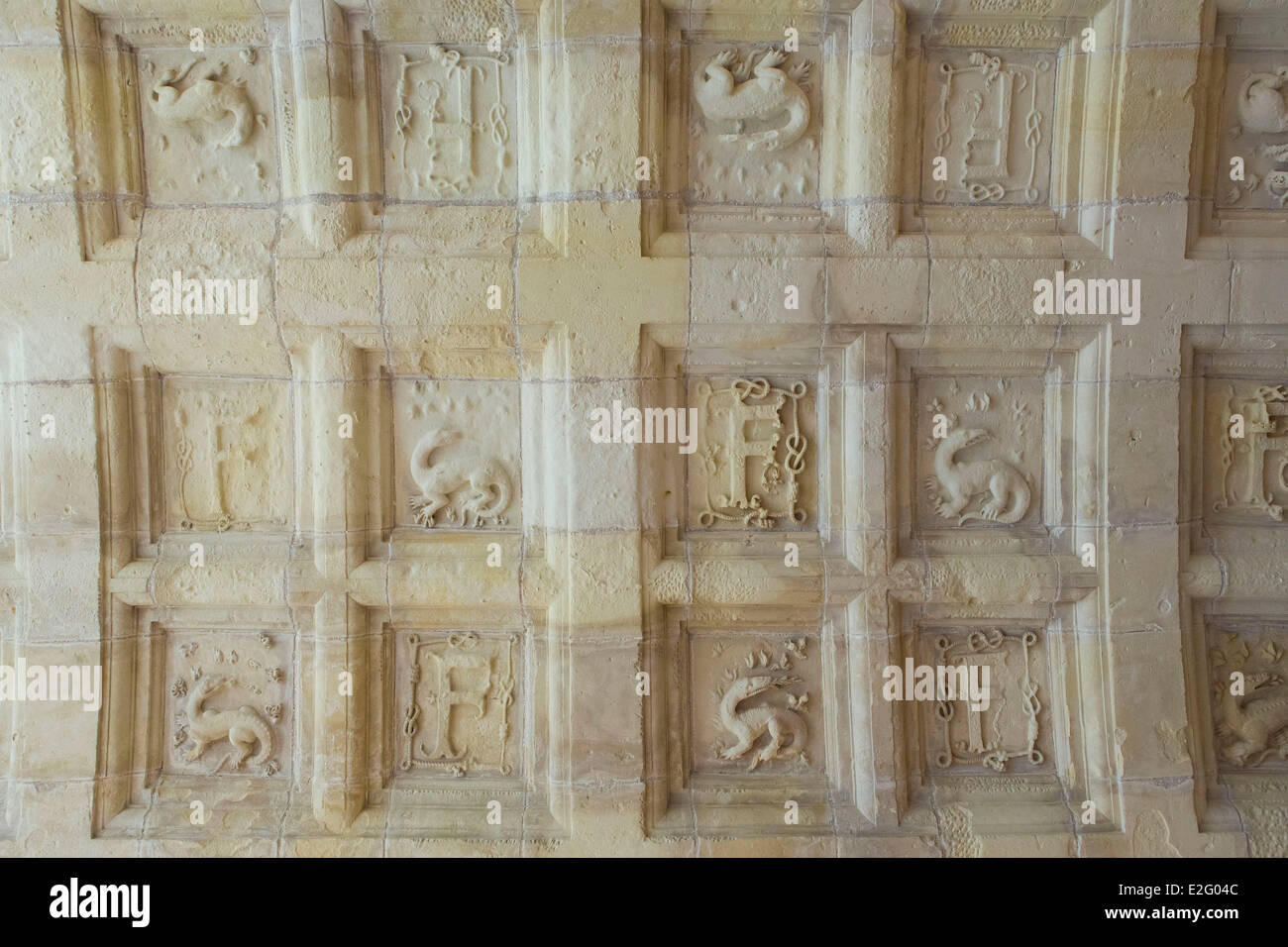 France Loir et Cher Loire Valley listed as World heritage by UNESCO Chambord Chambord castle coffered ceiling decorated with Stock Photo