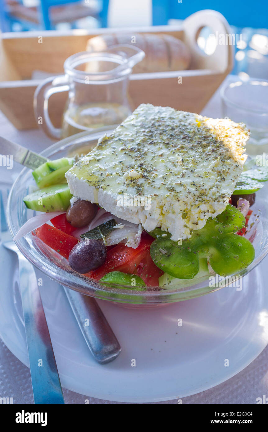 Greece Cyclades Islands Anafi Island Chora is the only village of the Island traditional greek salad and its feta cheese Stock Photo