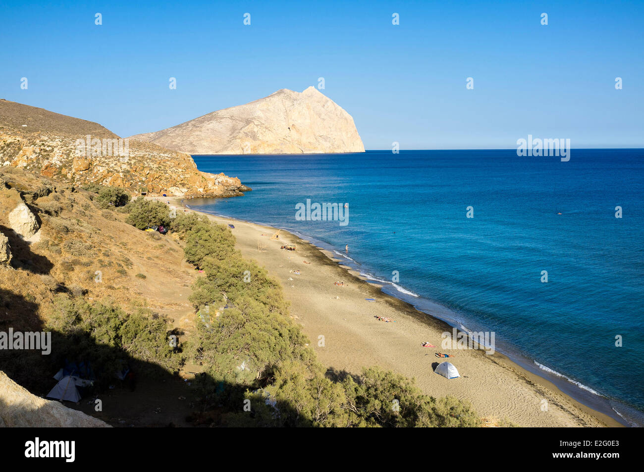 Greece Cyclades Islands Anafi Island Roukounas beach and Kalamos rock in the background Stock Photo