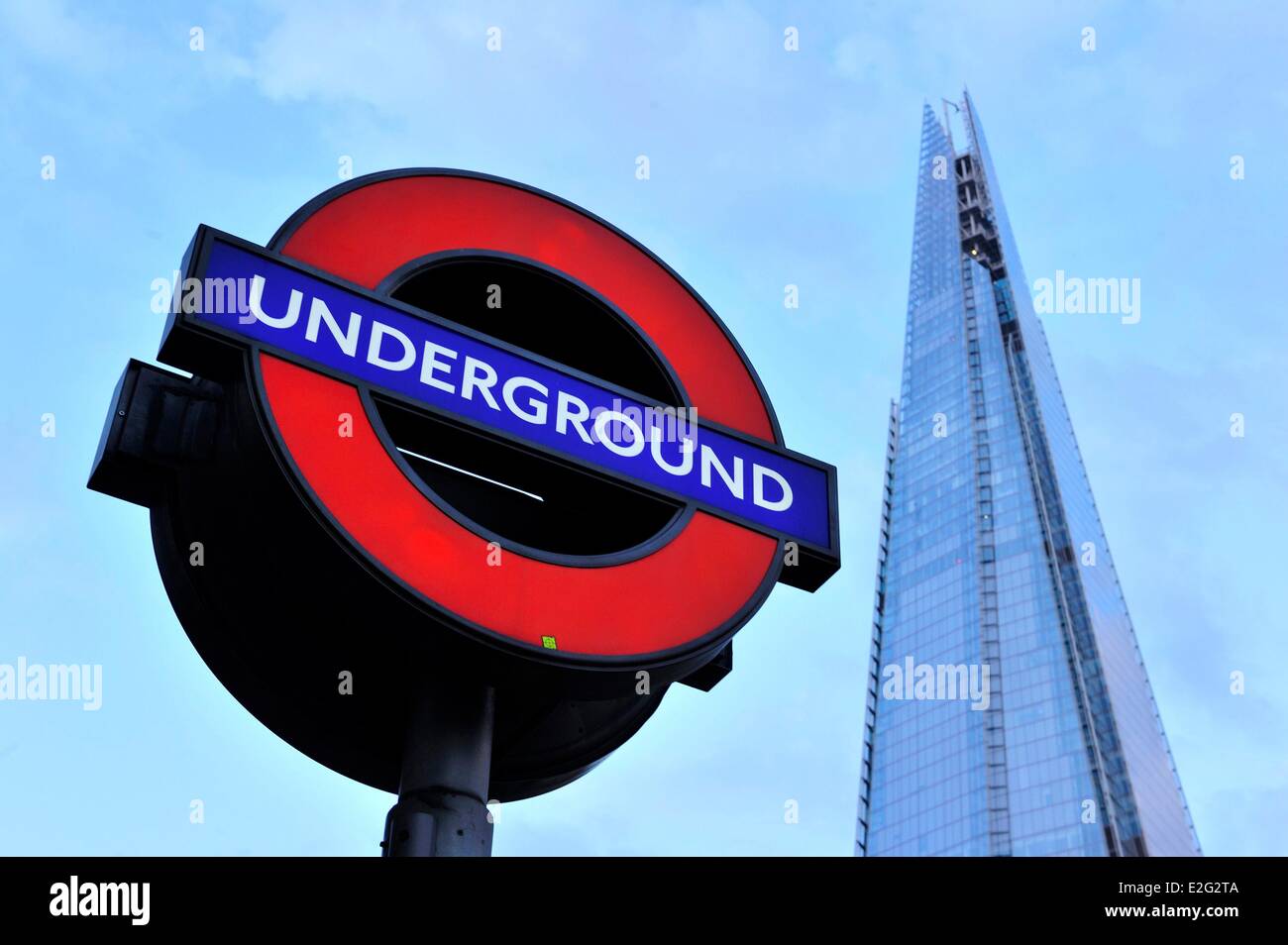 United Kingdom London Southwark underground sign and the Shard London Bridge Tower by architect Renzo Piano the tallest tower Stock Photo