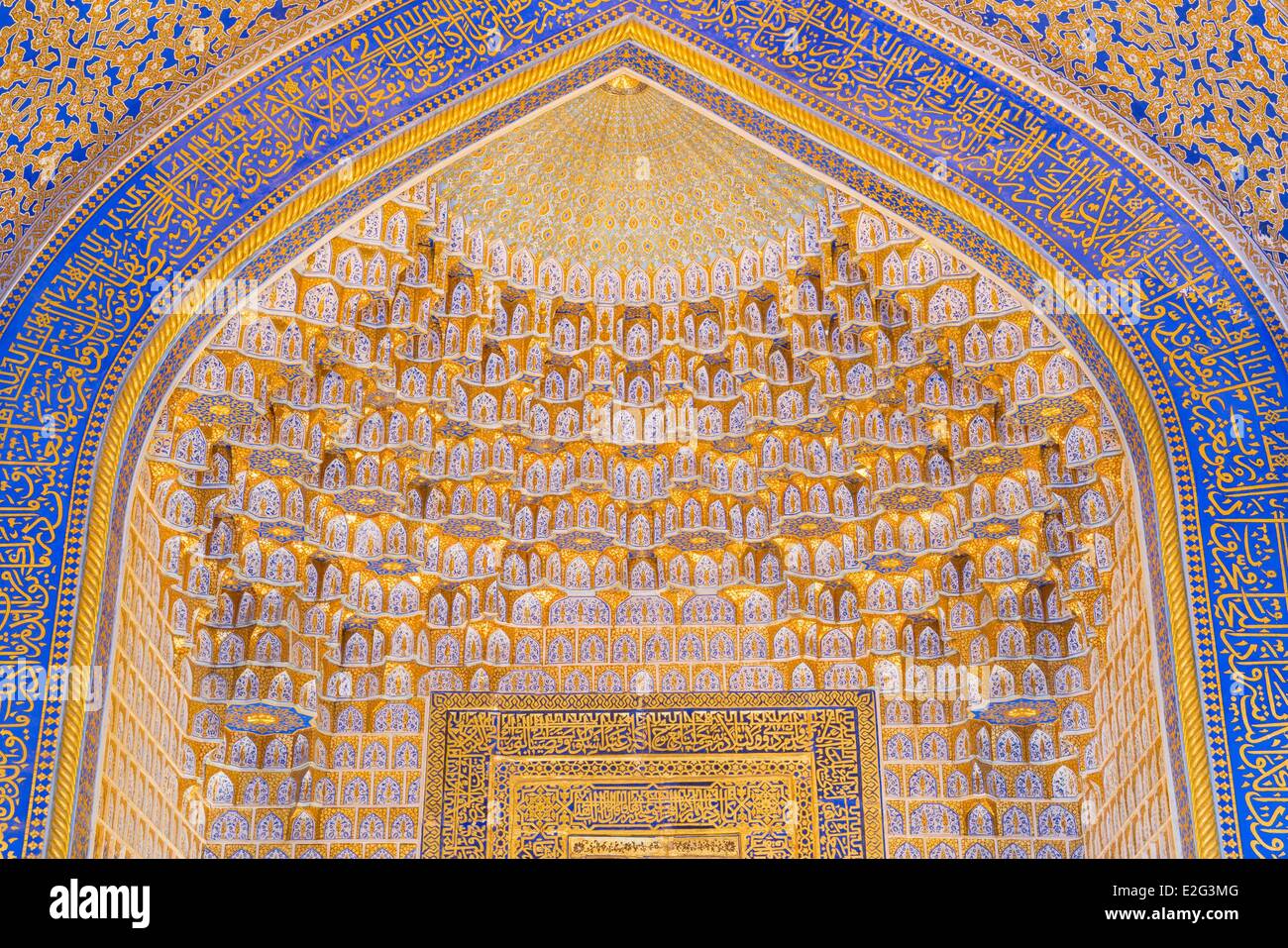 Uzbekistan Silk Road Samarkand listed as World Heritage by UNESCO Registan place Tilla-Kari Madrasah Mihrab Stock Photo