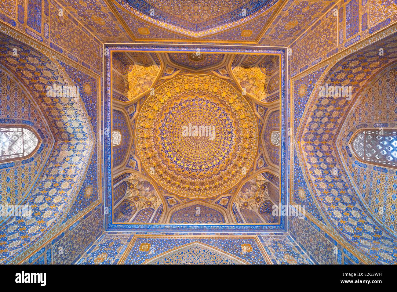 Uzbekistan Silk Road Samarkand listed as World Heritage by UNESCO Registan place the Tilla-Kari Madrasah inside of the blue dome Stock Photo