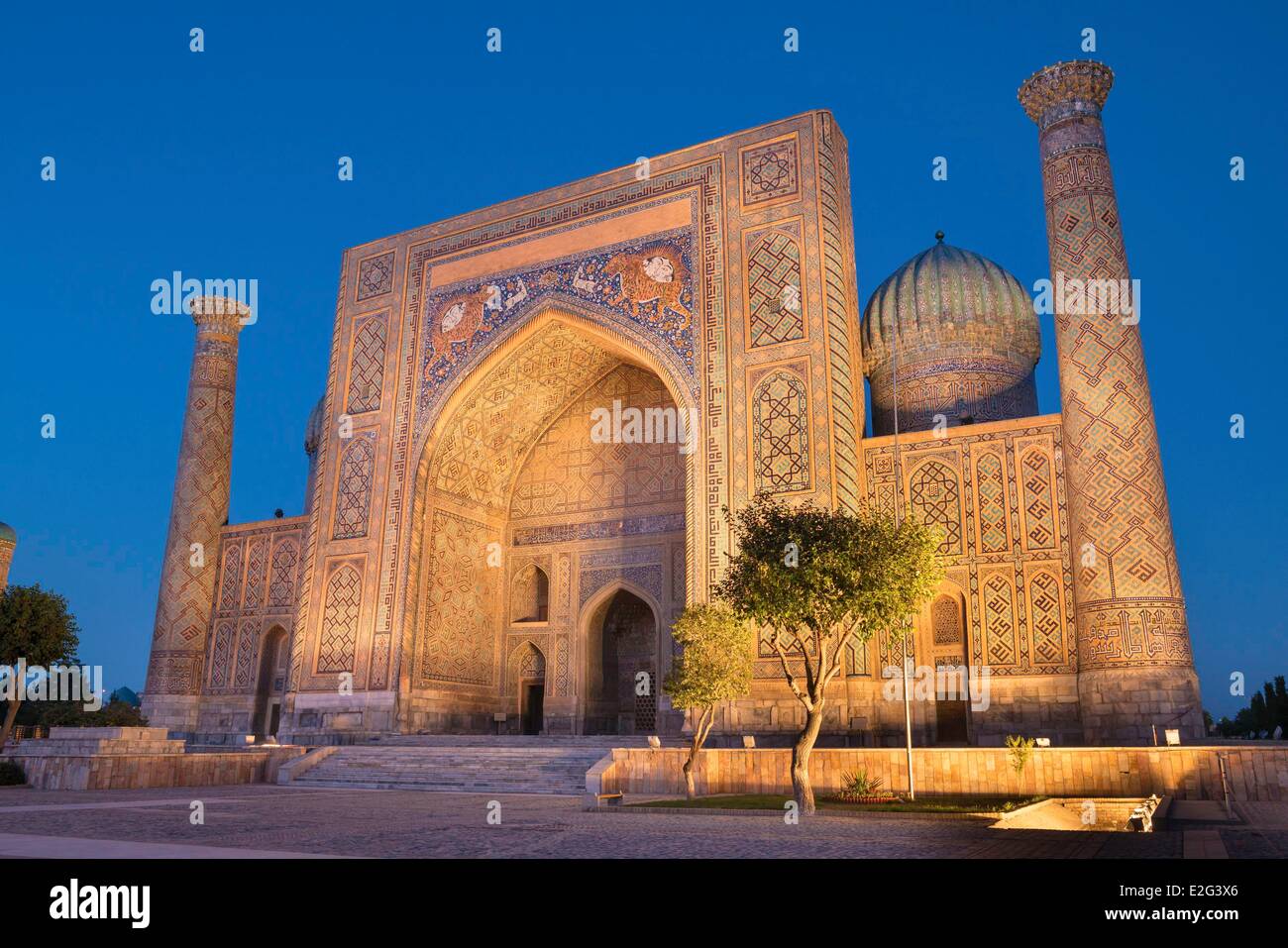Uzbekistan Silk Road Samarkand listed as World Heritage by UNESCO Registan place Sher-Dor Madrasah Stock Photo
