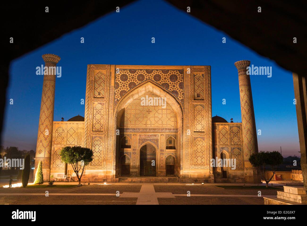 Uzbekistan Silk Road Samarkand listed as World Heritage by UNESCO Registan place Sher-Dor Madrasah Stock Photo