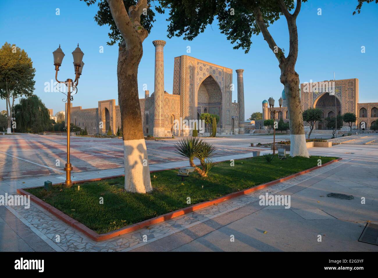 Uzbekistan Silk Road Samarkand listed as World Heritage by UNESCO Registan place Ulugh Beg Madrasah Stock Photo