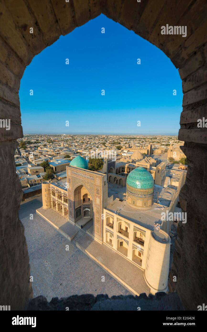 Uzbekistan Silk Road Bukhara historical center listed as world heritage by UNESCO Mir I Arab Madrasah seen from the summit of Stock Photo