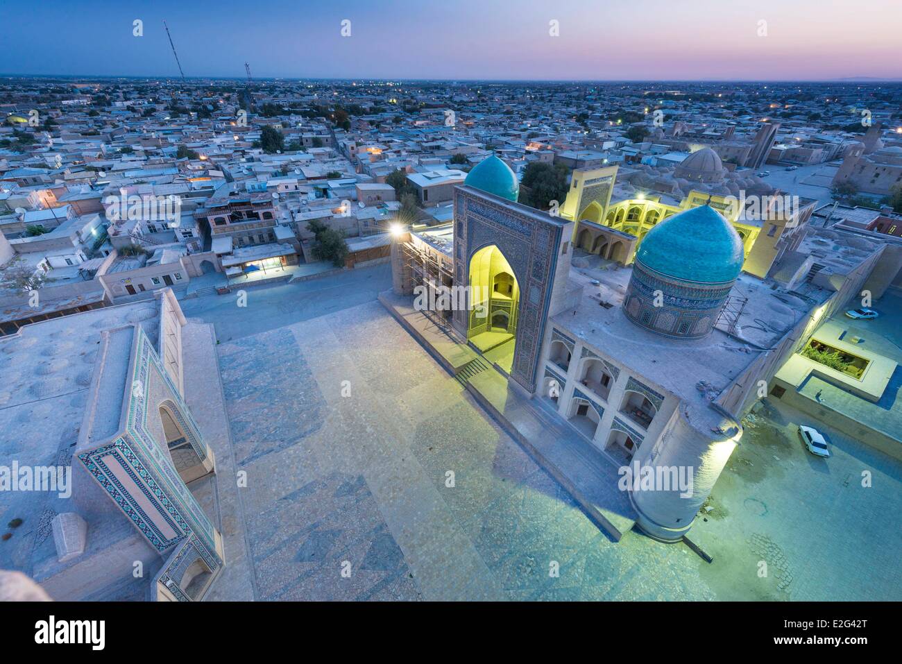 Uzbekistan Silk Road Bukhara historical center listed as world heritage by UNESCO Mir I Arab Madrasah seen from the summit of Stock Photo