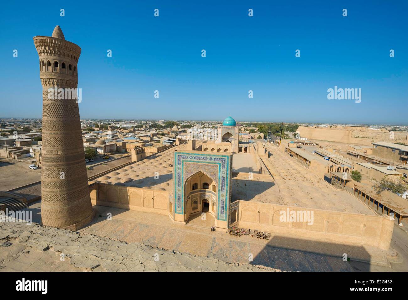 Uzbekistan Silk Road Bukhara historical center listed as world heritage by UNESCO Kalon Mosque seen from the roof of the Mir I Stock Photo