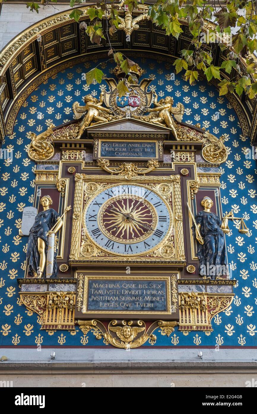 France Paris Clock of the palais de la Cite or Paris courthouse part of the Conciergerie restored in 2012 Stock Photo