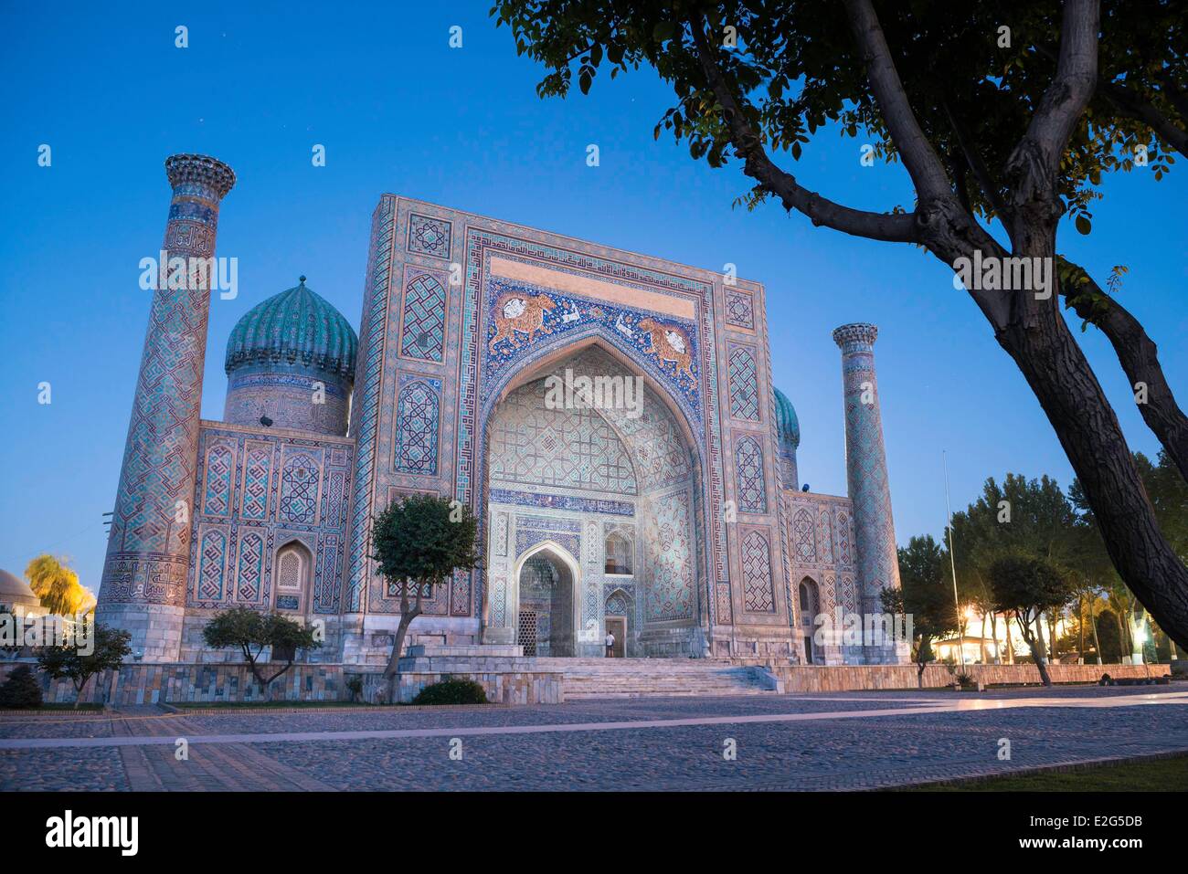 Uzbekistan Silk Road Samarkand listed as World Heritage by UNESCO Registan Square Sher Dor Madrasah Stock Photo