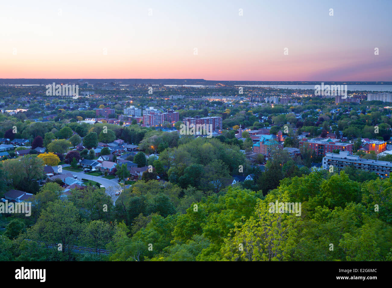 A view of Southern Hamilton from a lookout near Devil's Punchbowl at sunset. Hamilton, Ontario, Canada. Stock Photo