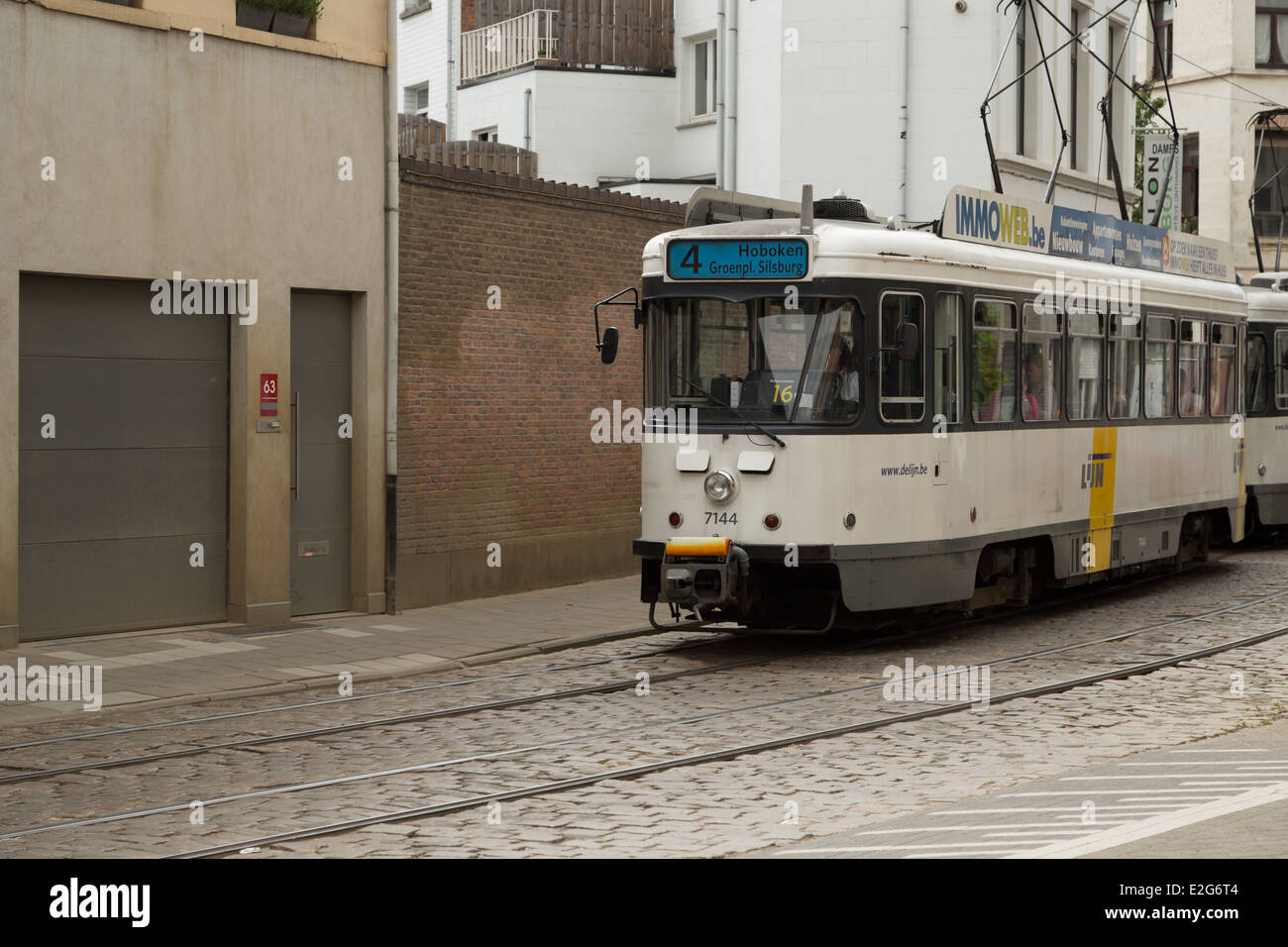 A photograph of a tram in Antwerp, Belgium. Antwerp is the second most populous city in Belgium. Stock Photo