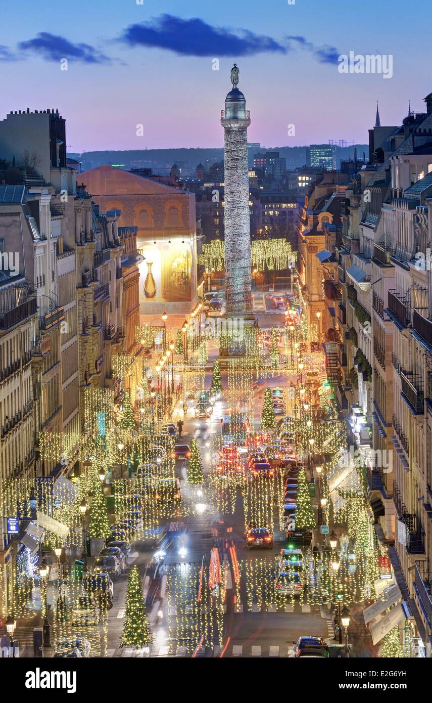 France Paris rue de la Paix (Peace street) and the column of Vendome square illuminated for Christmas Stock Photo