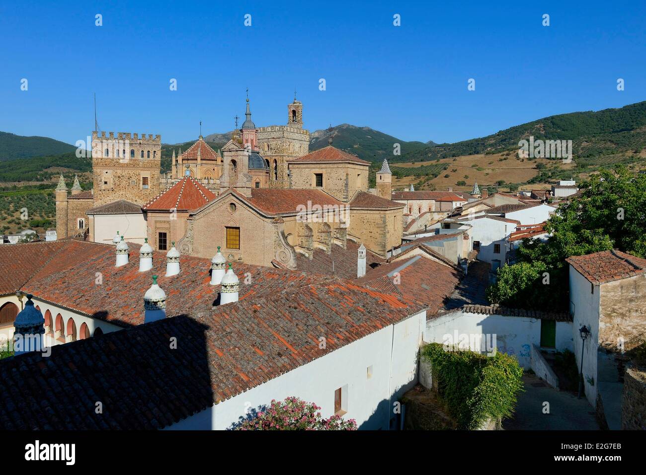 Spain Extremadura Guadalupe Royal Monastery of Santa Maria de Guadalupe listed as World Heritage by UNESCO and the Parador of Stock Photo