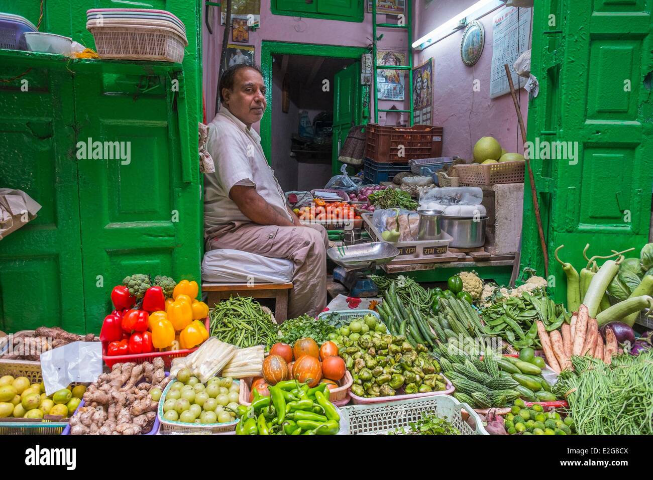 India Old Delhi vegetables shop in a small street of Chandni Chowk