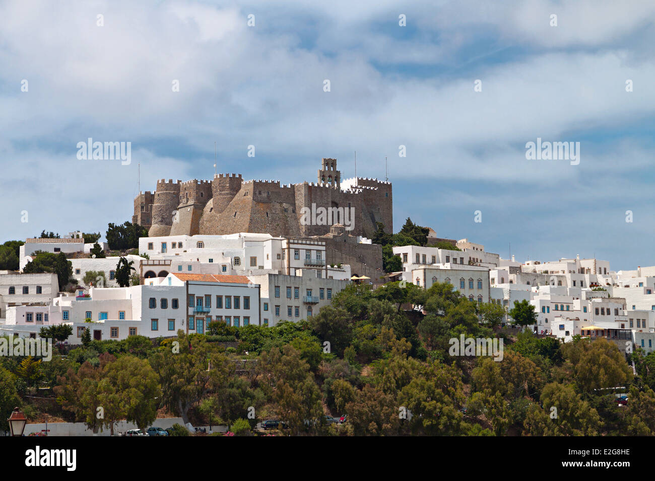 The Chora and Saint John Theologos monastery at Patmos island in Greece Stock Photo