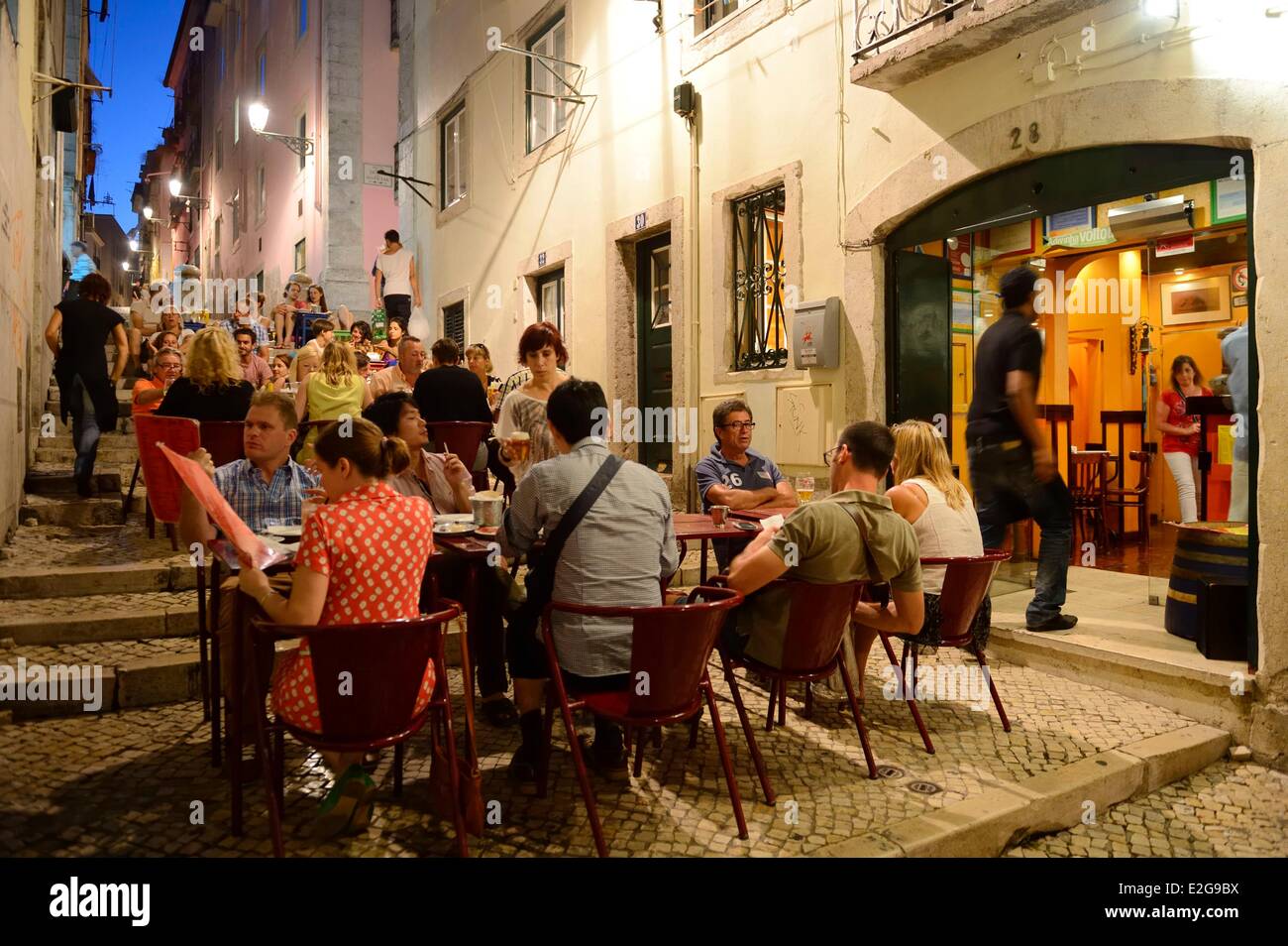 Portugal Lisbon Bairro Alto district restaurant in the pedestrian street travessa dos Fieis de Deus Stock Photo
