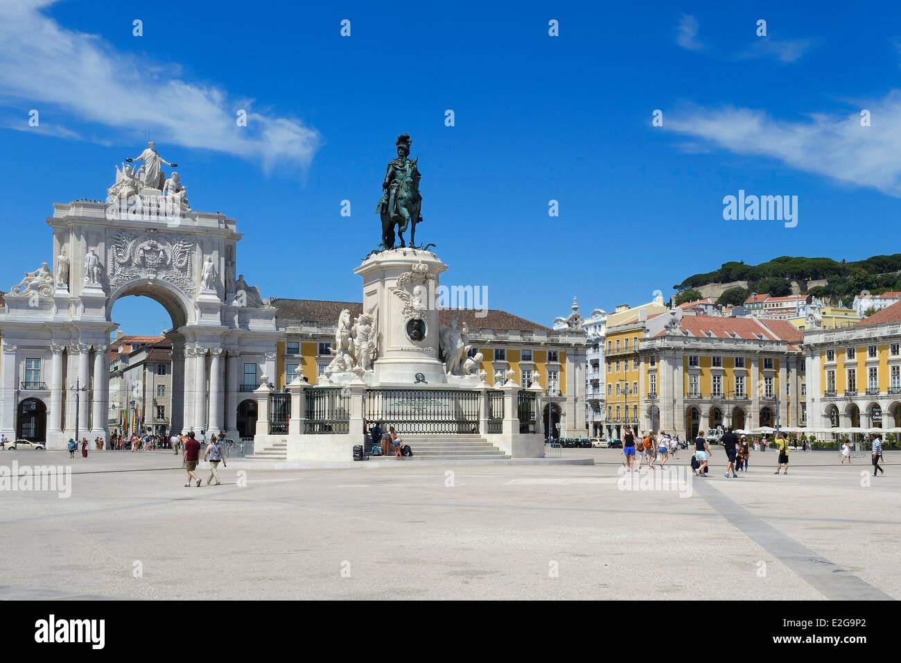 Portugal Lisbon Baixa Pombal district Praca do Comercio (Commerce Square) Joao I equestrian statue and Triumphal Arch of Rua Stock Photo