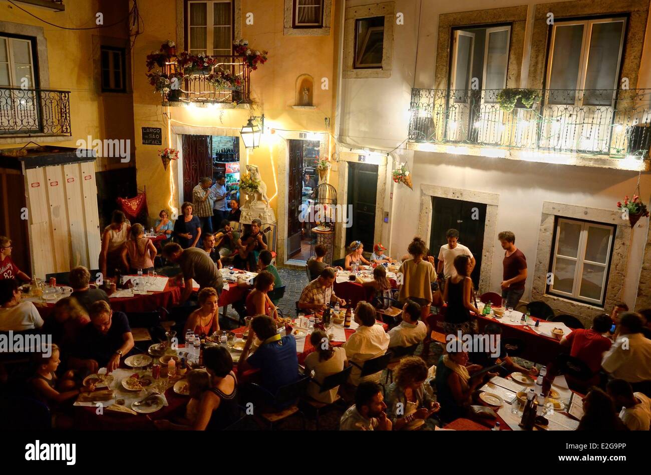 Portugal Lisbon Alfama district lively terrace restaurant on the square