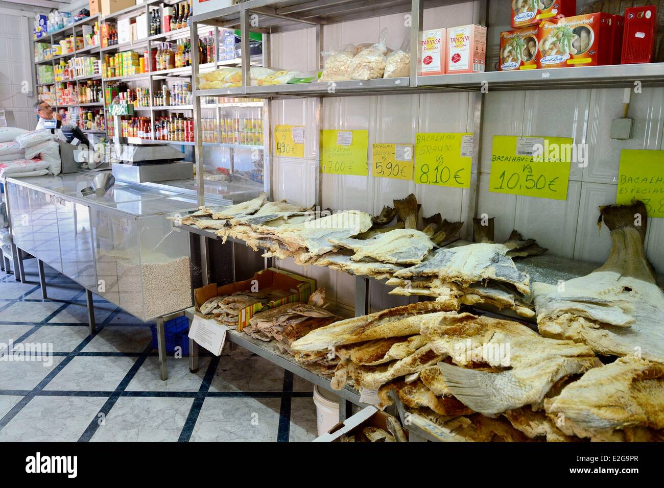 Portugal Lisbon Chiado district sale of Bacalhau (salted cod Stock