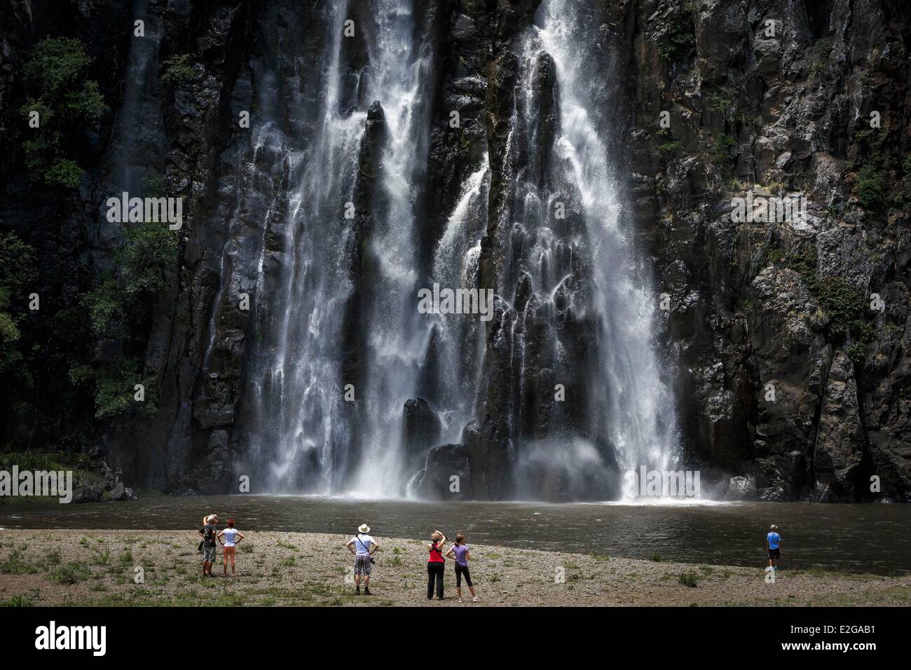 France Ile de la Reunion (French overseas department) Sainte Suzanne Niagara waterfall landscape tourists at the foot of a Stock Photo