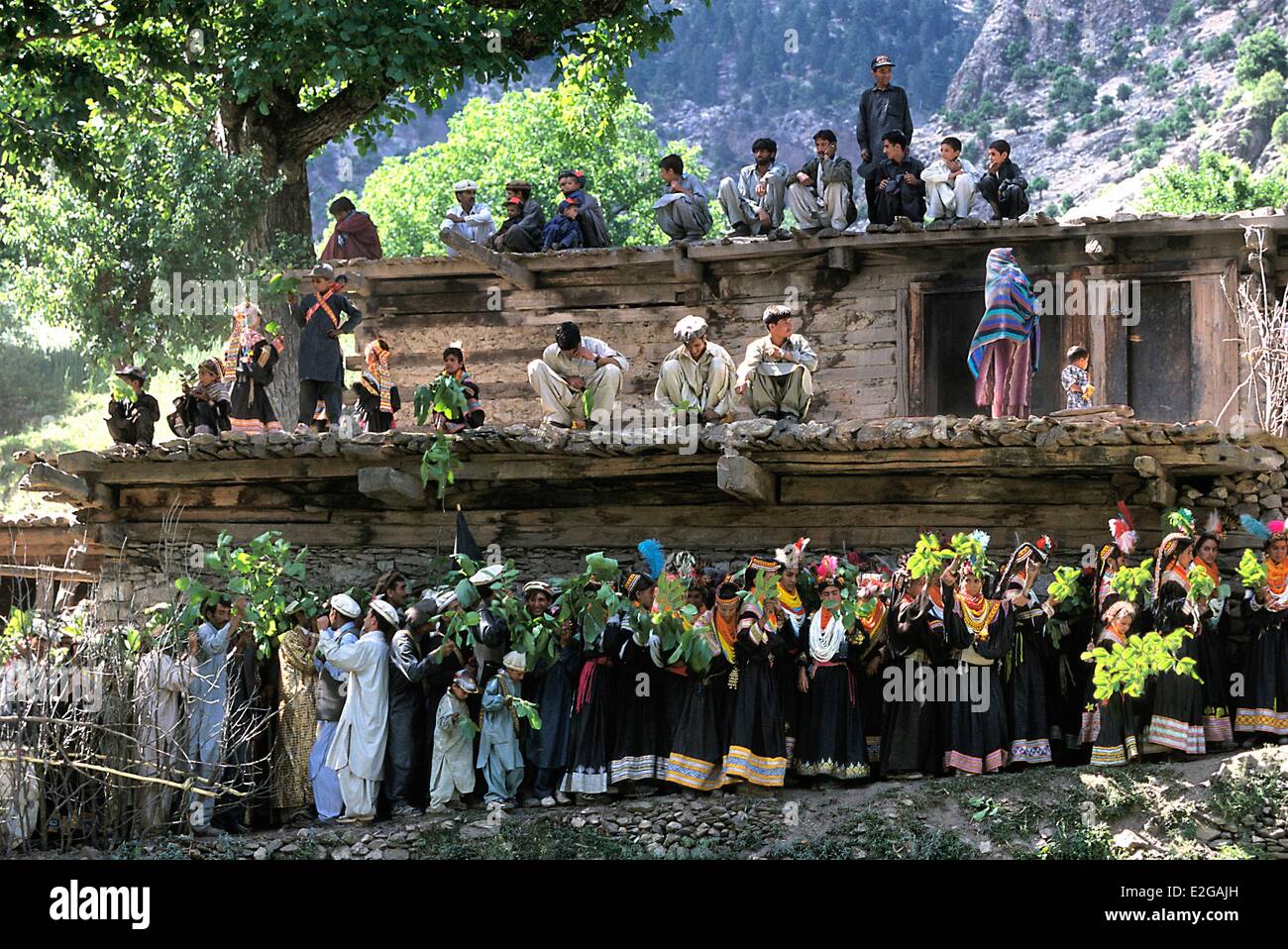 Pakistan Khyber Pakhtunkhwa Kalash valleys Bumburet valley Batrik village Kalash in procession waving walnut leaves collective Stock Photo