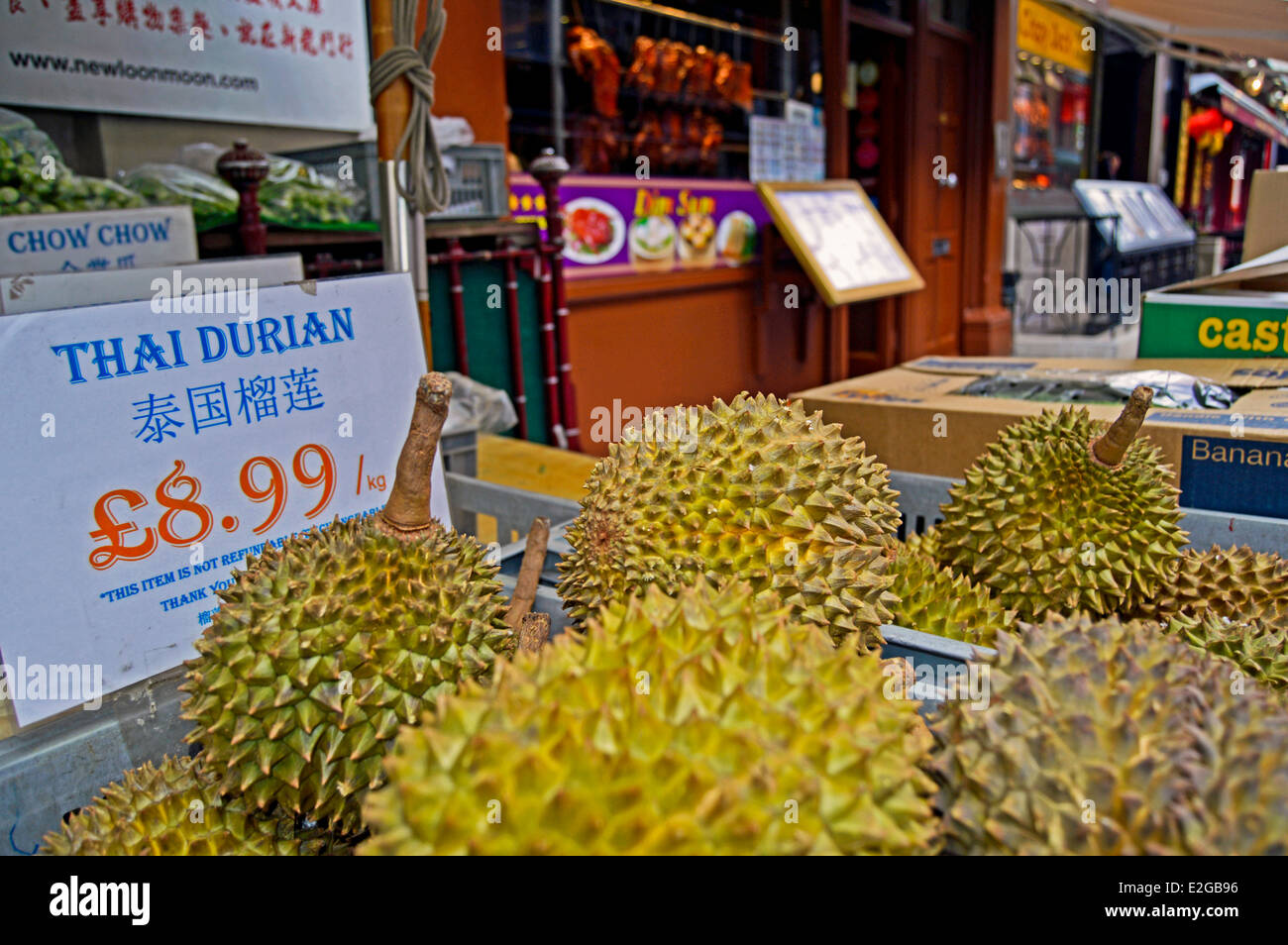 Display of Thai Durian on sale, Chinatown, West End, City of Westminster, London, England, United Kingdom Stock Photo