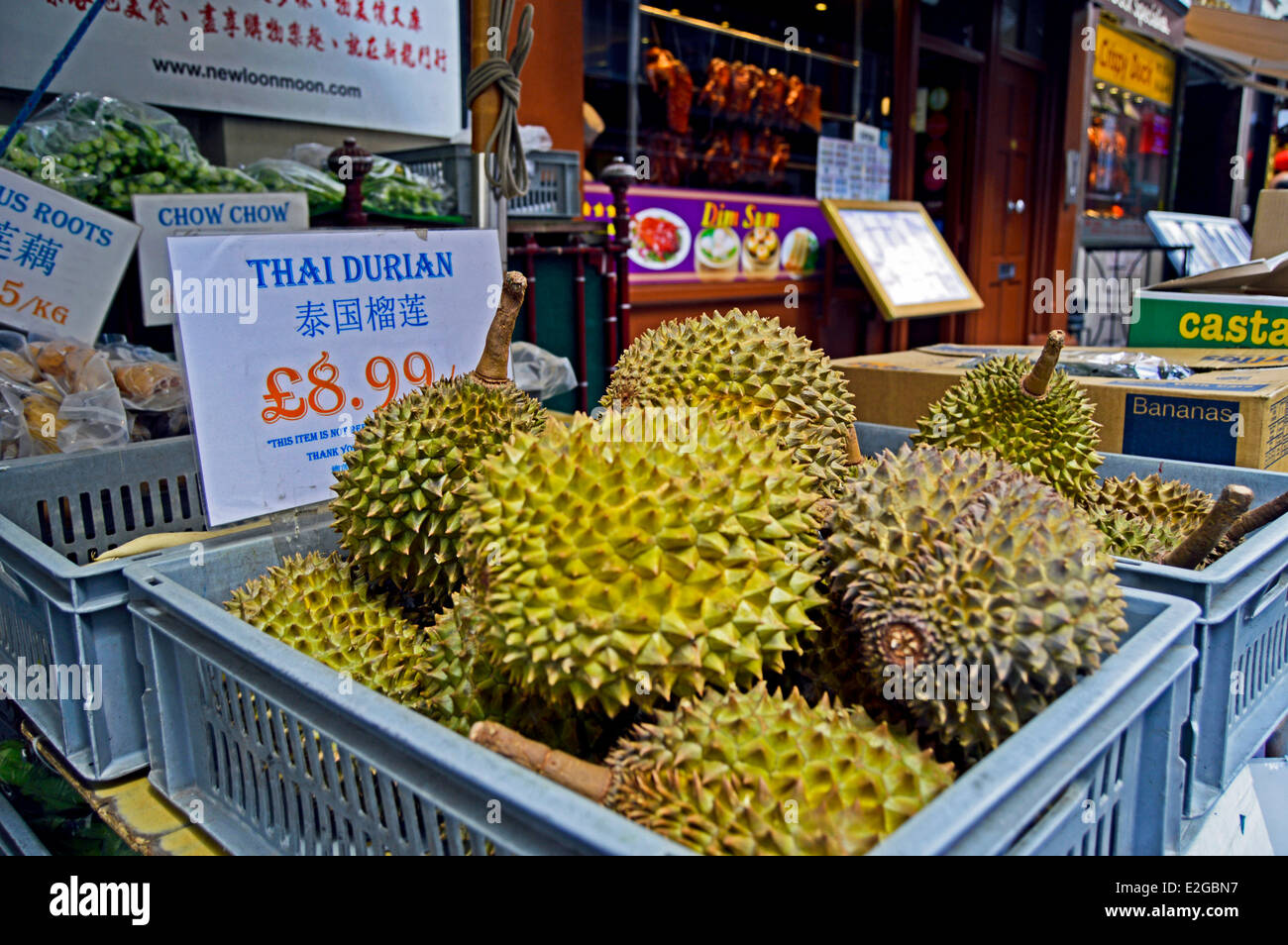 Display of Thai Durian on sale, Chinatown, West End, City of Westminster, London, England, United Kingdom Stock Photo