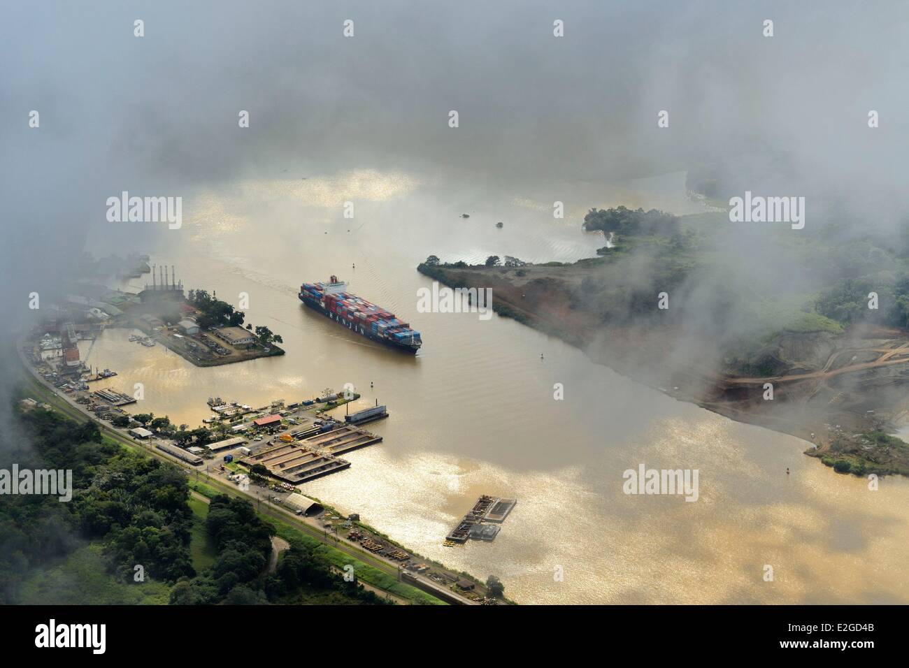 Panama Panama Canal at Gamboa Panamax container cargo (aerial view) Stock Photo