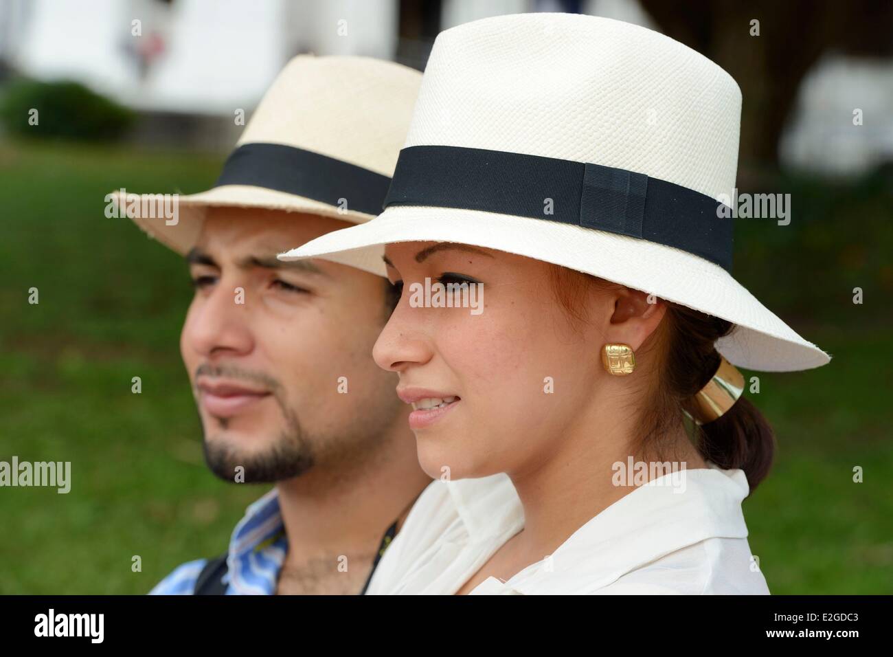 Panama Panama City historic town listed as World Heritage by UNESCO Casco Antiguo (Viejo) woman and man wearing a Panama hat Stock Photo
