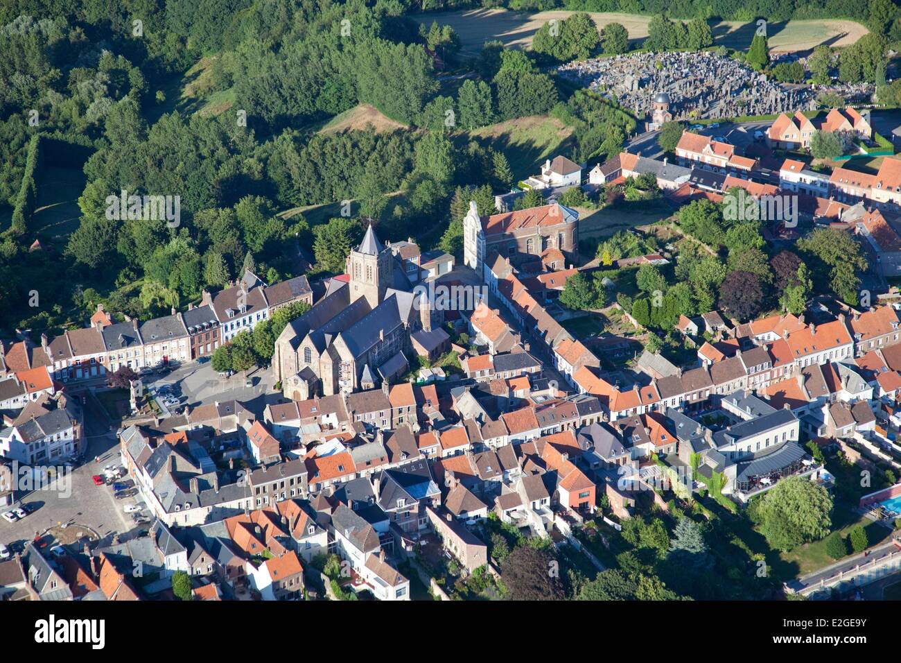 France Nord Cassel village on Mont Cassel Collegiate Church of Our Lady of Crypt (aerial view) Stock Photo