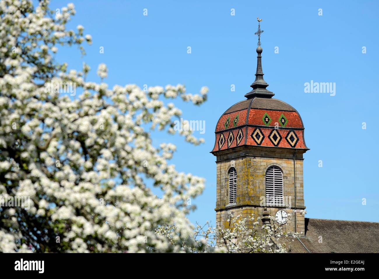 France Haute Saone Fougerolles church imperial tower cherry blossoms Stock Photo