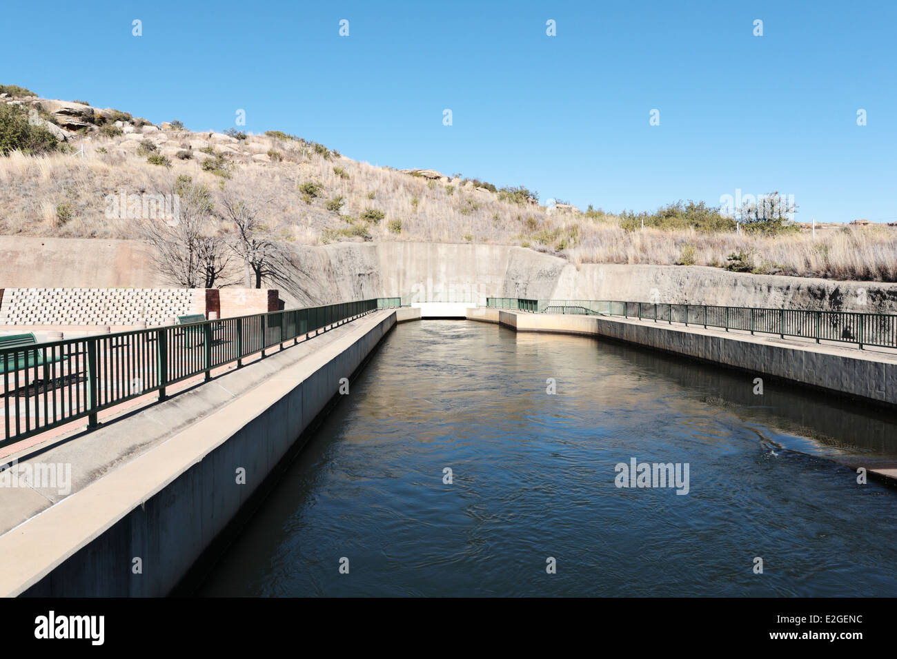 Outlet of water tunnel from the Lesotho Highlands Water Project, Clarens, Free State Province, South Africa Stock Photo