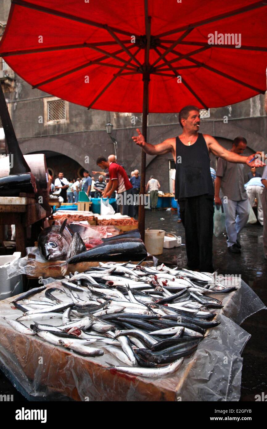 Italy Sicily Catania historical fish market in old town Stock Photo