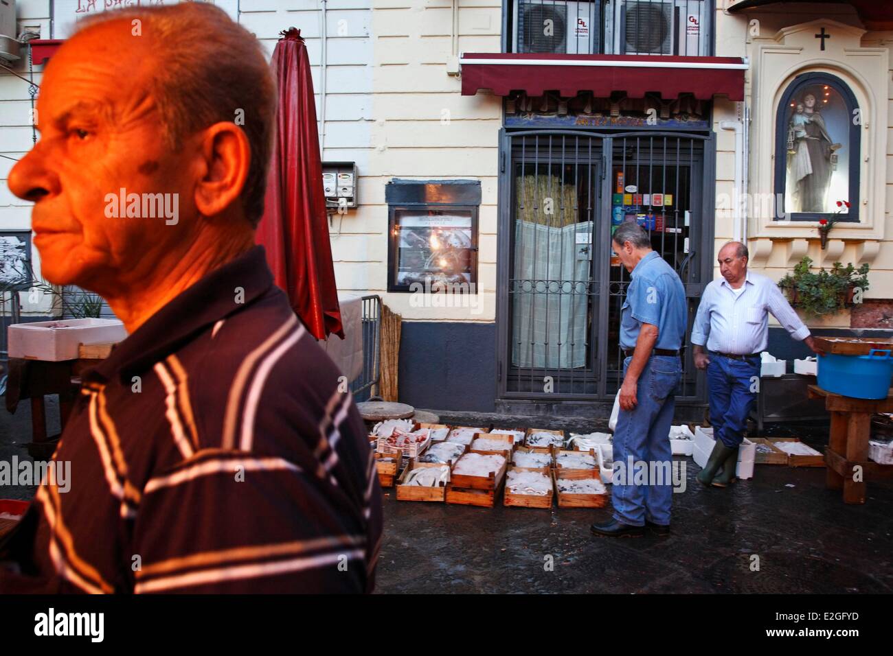 Italy Sicily Catania historical fish market in old town Stock Photo