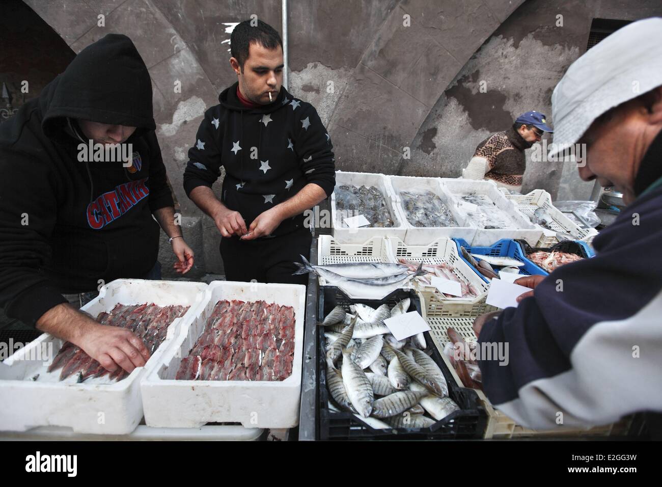 Italy Sicily Catania historical fish market in old town Stock Photo