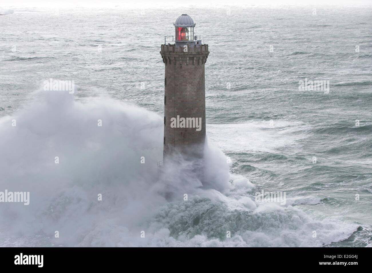 France Finistere Iroise Sea February 8th 2014 Britain lighthouse in stormy weather during storm Ruth Kereon Lighthouse (aerial view) Stock Photo