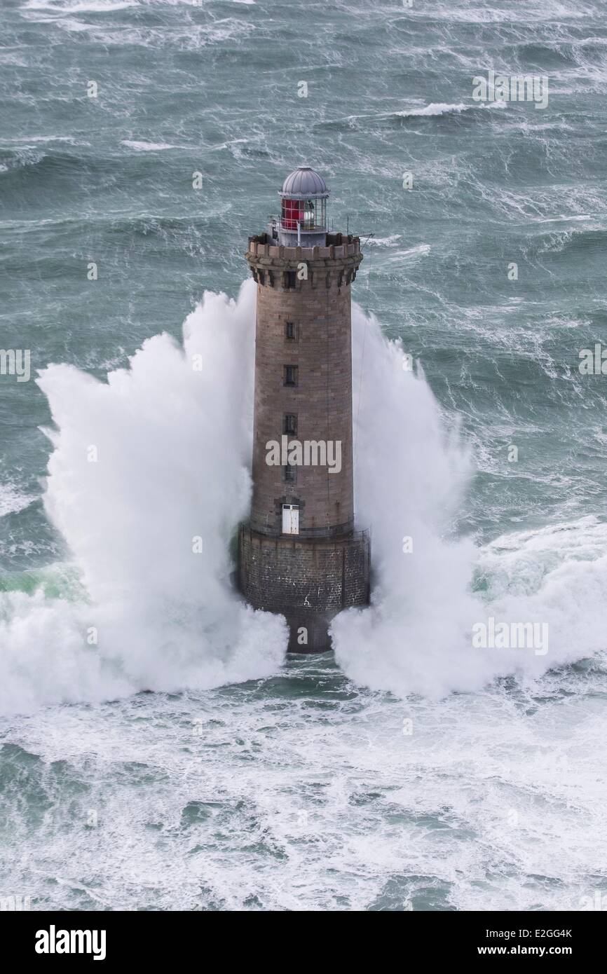 France Finistere Iroise Sea February 8th 2014 Britain lighthouse in stormy weather during storm Ruth Kereon Lighthouse (aerial view) Stock Photo