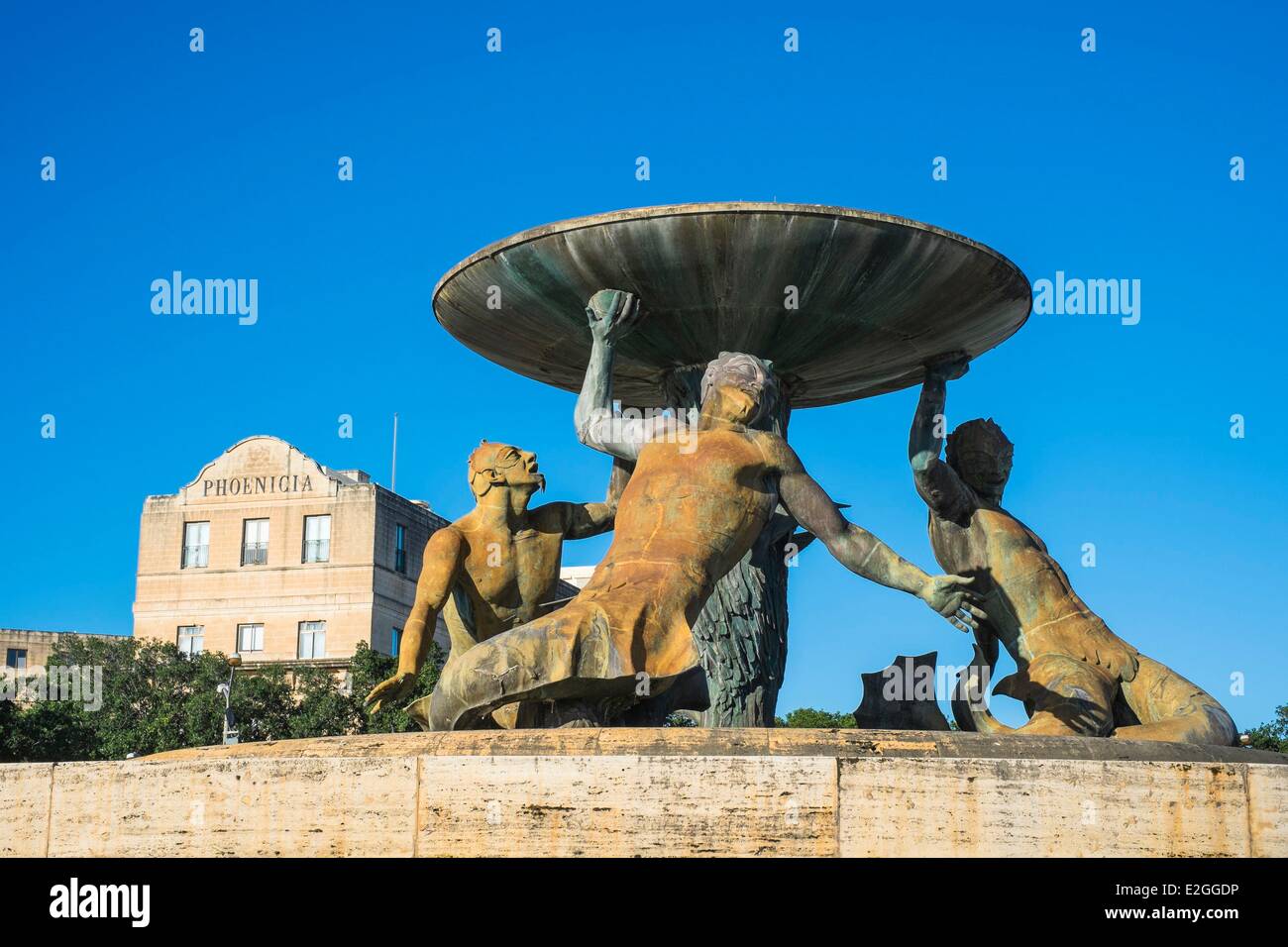 Malta Floriana Triton Fountain and Hotel Phoenicia built in1937 first great luxury hotel on island Stock Photo