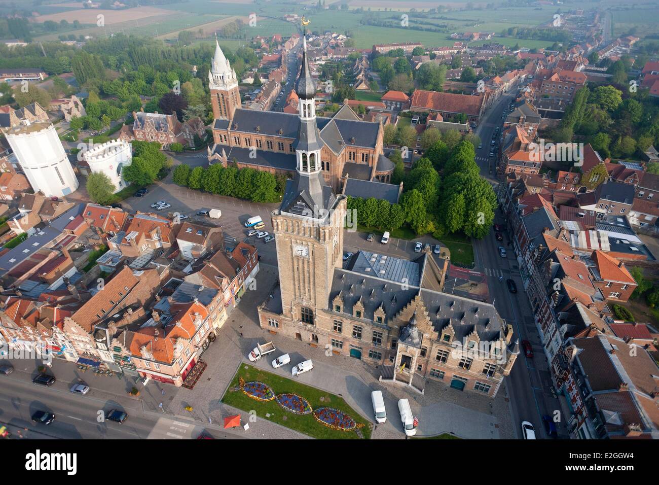 France North Bailleul church saint vaast and Belfry of City Hall listed as World Heritage by UNESCO (aerial view) Stock Photo