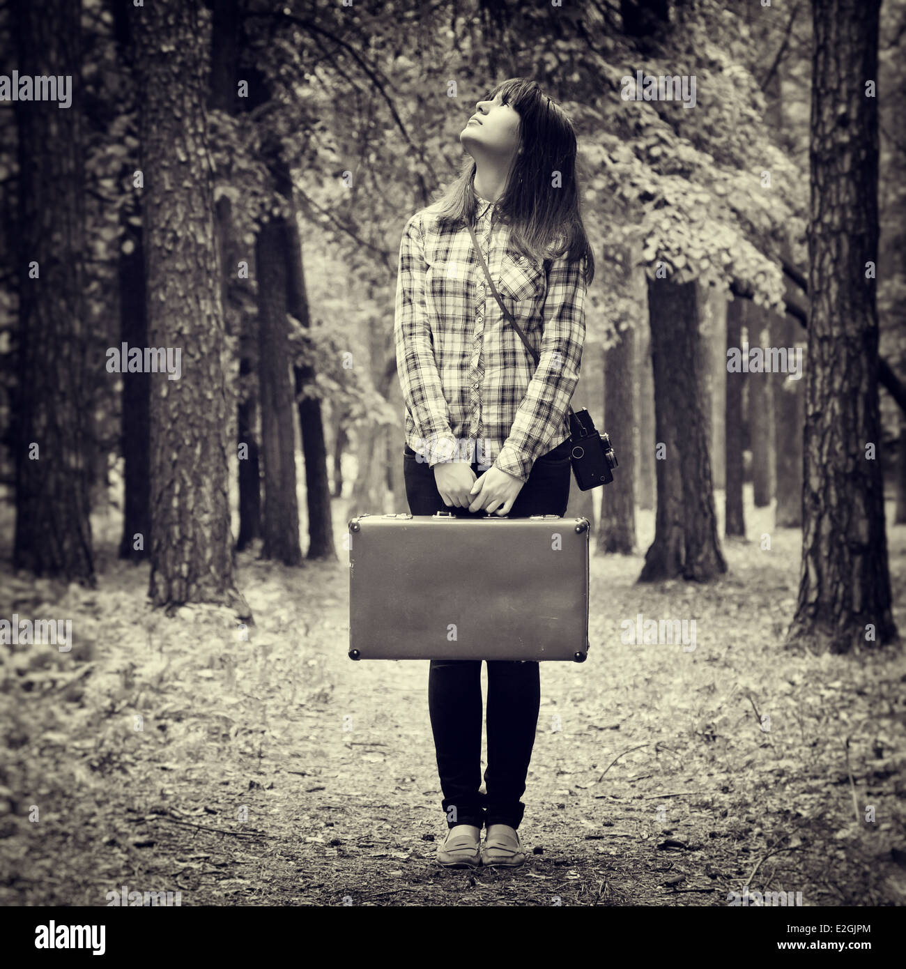 girl with vintage suitcase and camera standing in forest and looking up, retro stylized Stock Photo